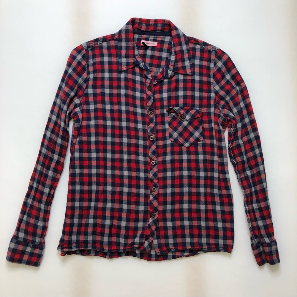Check & Stripe Plaid Flannel Red & Navy Blue L Checkered